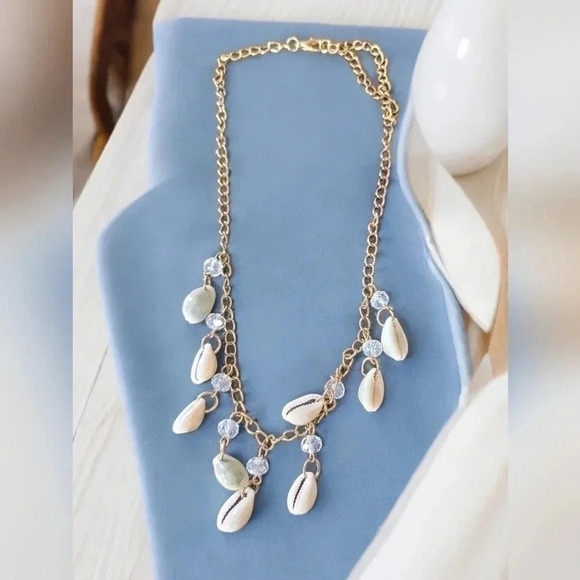 Cowrie Shell Beaded Dangle Gold Plated Necklace - Picture 1 of 2